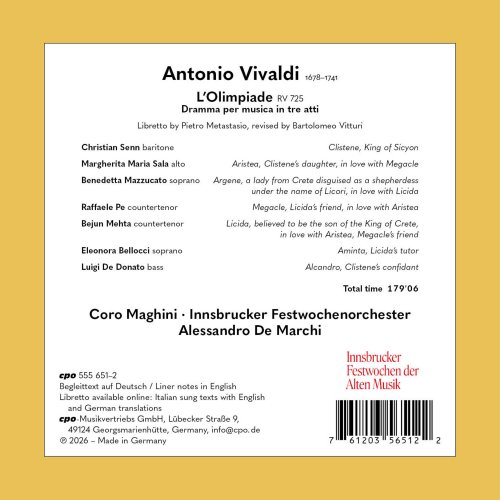 Raffaele Pe, Bejun Mehta, Margherita Maria Sala, Benedetta Mazzucato, Innsbrucker Festwochenorchester, Alessandro De Marchi - Antonio Vivaldi: L'Olimpiade RV 725 (2026) [Hi-Res]