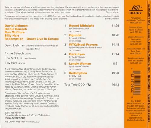 David Liebman, Richie Beirach, Ron McClure, Billy Hart - Redemption: Quest Live In Europe (2007)