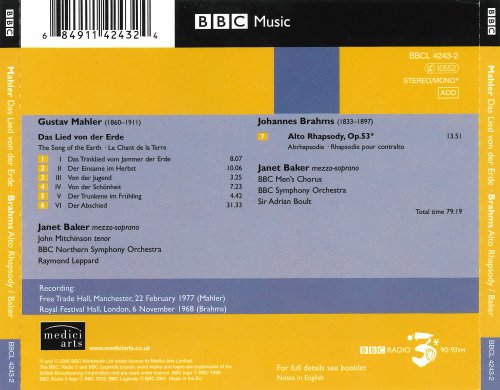 Janet Baker, John Mitchinson, Raymond Leppard, Sir Adrian Boult - Mahler, Brahms: Das Lied Von Der Erde/Alto Rhapsody (2008)