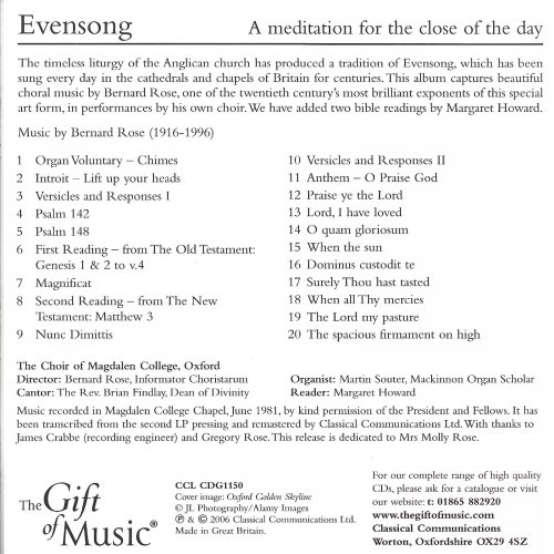 Martin Souter,The Choir of Magdalen College, Oxford, Bernard Rose - Evensong: A meditation for the close of the day (2006)