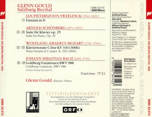 Glenn Gould - Bach, Mozart, Sweelinck, Schonberg - Salzburg Recital 25. August 1959 (1994)