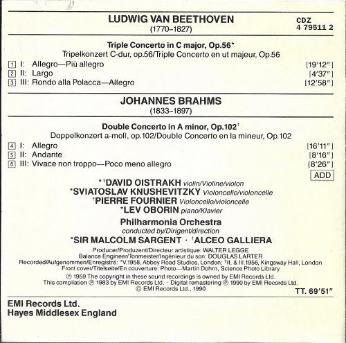 Philharmonia Orchestra, Sir Malcolm Sargent, Alceo Galliera, David Oistrakh - Beethoven: Triple Concerto / Brahms: Double Concerto (1990)