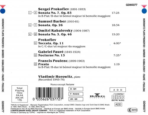 Vladimir Horowitz - Horowitz Plays Prokofiev • Barber • Kabalevsky Sonatas (1990)