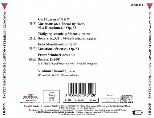 Vladimir Horowitz - Schubert, Mozart: Sonata In B Flat / Sonata In F (1991)