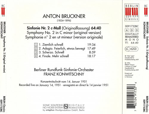 Berliner Rundfunk-Sinfonie-Orchester, Franz Konwitschny - Bruckner: Symphony No. 2 Original Version Recorded Live on January 14, 1951 (1996)