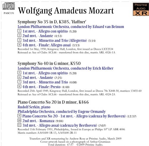 Erich Kleiber, Eugene Ormandy, Eduard van Beinum - Mozart: Symphonies 35 and 40, Piano Concerto 20 (1949-51) [2009]