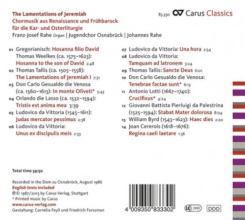 Johannes Rahe, Jugendchor Osnabrück - The Lamentations of Jeremiah (Carus Classics) (2013)