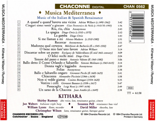Kithara, Christopher Wilson, Shirley Rumsey - Musica Mediterranea (Music Of The Italian & Spanish Renaissance) (1994)