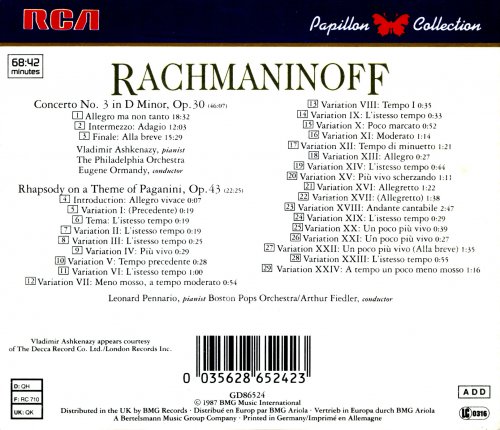 Vladimir Ashkenazy, Eugene Ormandy, Leonard Pennario, Arthur Fiedler - Rachmaninoff: Piano Concerto No. 3 / Rhapsody on a Theme of Paganini (1987) CD-Rip