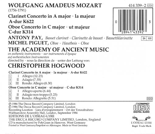 Antony Pay, Michel Piguet, Christopher Hogwood, The Academy of Ancient Music - Mozart: Clarinet Concerto, Oboe Concerto (1986) CD-Rip
