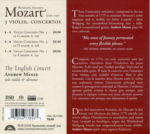 The English Concert, Andrew Manze - Mozart: 3 Violin Concertos (2006) CD-Rip