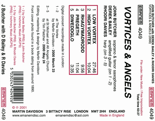 John Butcher With Derek Bailey And Rhodri Davies - Vortices & Angels (2001)